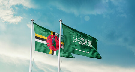 Dominica and Saudi Arabia friendship flags are waving in the sky. Two country flag for agreement or deal. Dominica KSA national flag for commitment.