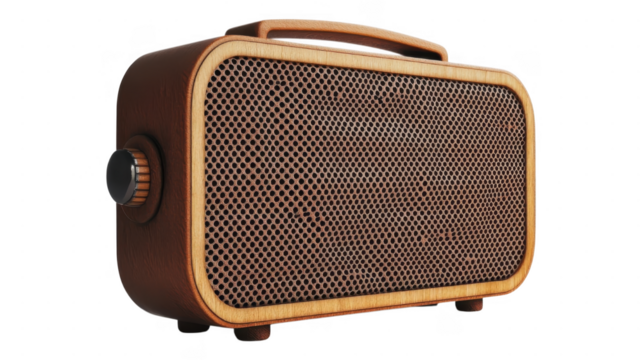 Vintage style wooden radio with grille design and rotary knob for audio playback