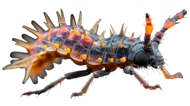 Closeup of a spiky ladybug larva with orange and black markings, isolated on transparent background