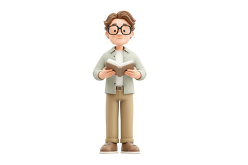 3D cartoon of a male librarian standing reading a book on a transparent and white background, concept for library promotion, educational resource and literacy campaign illustration