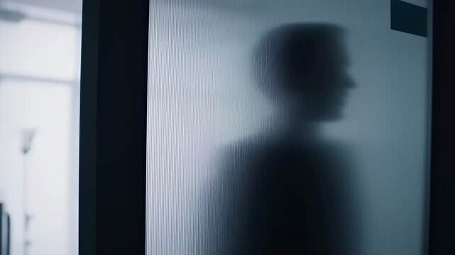 Eerie Silhouette: Mysterious Figure Behind Frosted Glass, Dark and Ominous