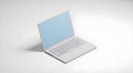  Minimalistic modern white laptop with blue screen isolated on bright background