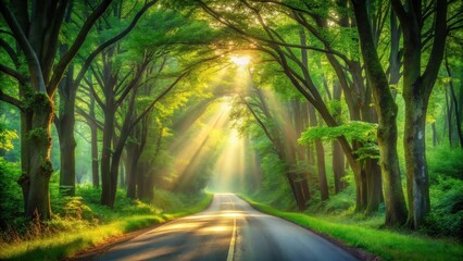 Obraz premium Sunlit Path Through a Lush Green Canopy of Trees, a Serene and Tranquil Road Leading into a Mystical Forest