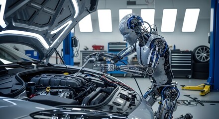Fototapeta premium Robots working collaboratively on car assembly in high-tech automotive manufacturing factory