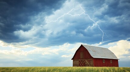 Red barn under a dramatic thunderstorm.