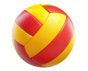 Close-up of a bright yellow and red volleyball.  The panels are  interlocking and create a woven pattern