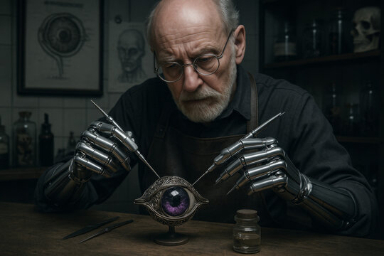 An elderly inventor with cybernetic hands meticulously crafts a large, surreal eye in his dark, vintage workshop. A concept of steampunk and creation.