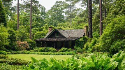 Rustic wooden house nestled within a lush garden.