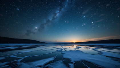 Starry Night Sky Over Frozen Lake Background for Commercial Use - Abstract Winter Landscape, Ideal for Travel, Nature, and Outdoor Themes