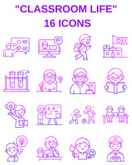 Set of 16 school and classroom life vector icons. Education, students, teacher, lessons, school building, science experiments. Simple minimal line style for web and mobile.