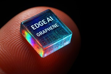 Tiny graphene-based Edge AI chip resting on fingertip showing compact smart sensor technology
