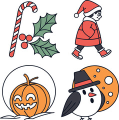 Flat Holiday Icon Vector Set – Christmas, Halloween, New Year