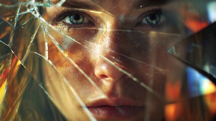 Shattered reflections reveal a haunting gaze through fractured glass, capturing raw emotion and inner turmoil with intense visual depth and psychological complexity