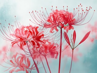 Red Spider Lilies on Soft Watercolor Background