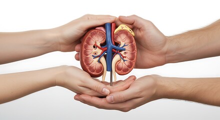 A man and woman's hands gently holding a human kidney model, symbolizing organ care, donation, and urological health.