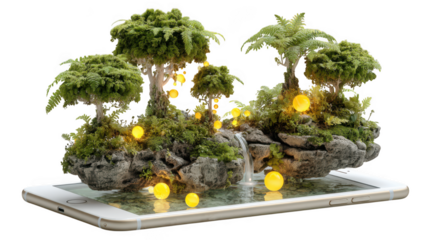 Miniature floating island with trees, waterfall, and glowing lights on a smartphone isolated on transparent background