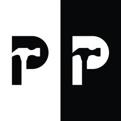 Letter P Hammer Logo Concept For Construction, Woodworking Company Repair Symbol Vector.