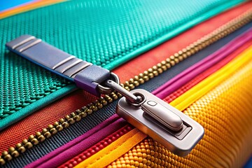 Colorful nylon luggage zipper close-up detail showing the zipper pull tab and teeth with various vibrant fabric textures and colors for travel packing organization