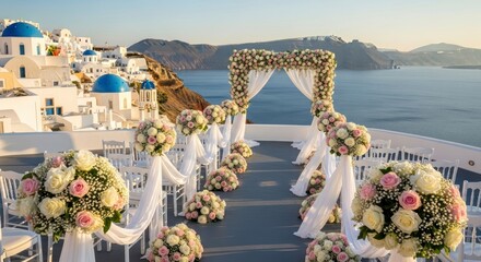 Wedding setup on Santorini with floral arch chair decorations whitewashed buildings and a seascape