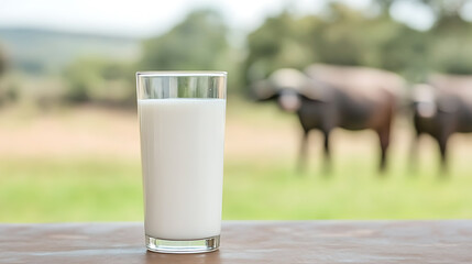 A tall glass of white liquid, presumably milk, stands on a table with grazing water buffalo in the background. Rural setting emphasizing the farm-to-table concept.