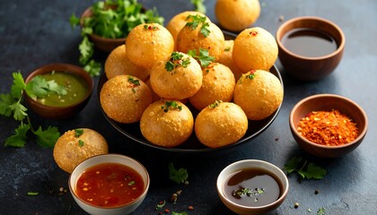 Crispy, golden pastries with various sauces