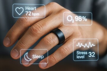 Smart Ring Displaying Health Metrics Including Heart Rate, Oxygen Level, Sleep Quality, and Stress Levels on a Hand
