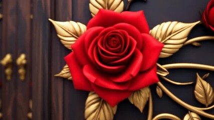 Ornate Wooden Door Decorated with Red Roses and Gold Vines