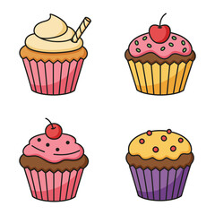 Colorful Cupcake Vector Set with Cherry and Candy Toppings for Dessert