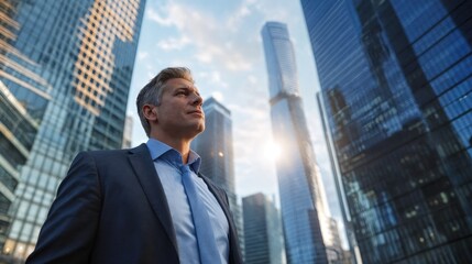Fototapeta premium Business Professional Gazing Thoughtfully at Skyscrapers in Urban Cityscape During Sunset
