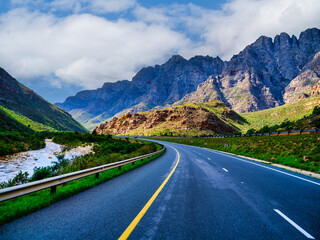 N1 Highway and Krom River running through the Du Toitskloof Mountains, South Africa