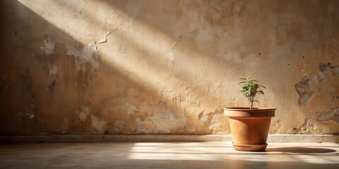 Sunlit Sapling in Rustic Setting A Potted Plant Against a Weathered Wall