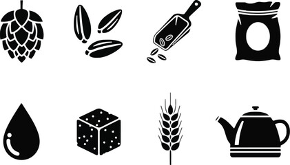 Vector art of vector illustration of various brewing and baking ingredients including hops seeds grains sugar and a teapot in a simple black and white design
