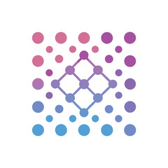 Abstract grid of connected dots with a central diamond and blue to pink gradient on white network
