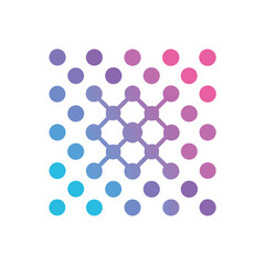 Abstract network of connected dots with a gradient of blue to pink on a white background connection