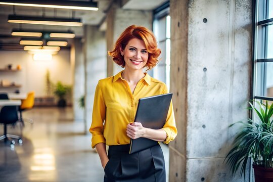 Confident businesswoman with red hair smiling and holding a folder in a modern office environment - Powered by Adobe