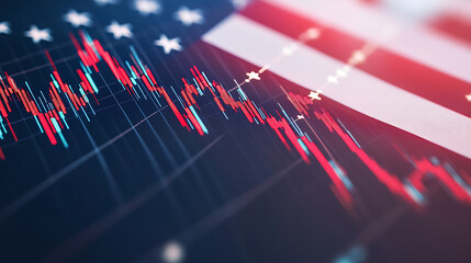 Economic Downturn: A fluctuating line graph mirroring the uncertain market trends, over the background of a flag. Representing financial downturn.