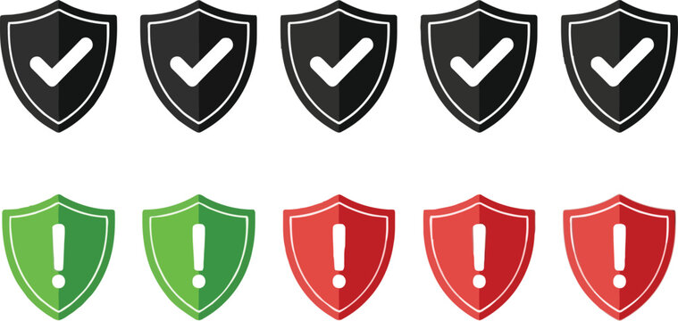 Vector art of vector illustration of a set of shields with check mark and exclamation point icons representing security and warning states for website or application