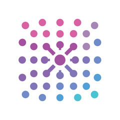 Central node with radiating lines connecting to dots in a blue to pink gradient on white abstract