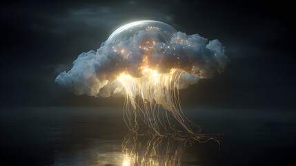 Transparent jellyfish glowing with golden light on a black background in an ethereal scene