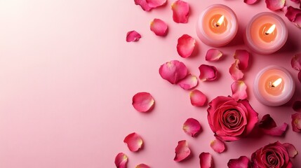 A serene romantic setting featuring flickering candles and rose petals on a pink background, ideal for elegant designs