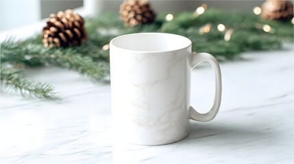 White Coffee Mug with Holiday Decor on Marble Countertop