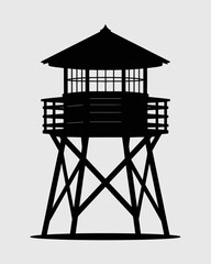 watchtower, tower, structure, illustration, design, observation, lookout, architecture, silhouette, black, building, wooden, outdoor, security, landmark, observation tower, shelter, lookout point, gua