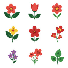 Collection of Colorful Flower Icons with Green Leaves on White Background