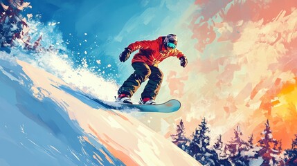 Snowboarder soaring through snowy mountain landscape at sunset.