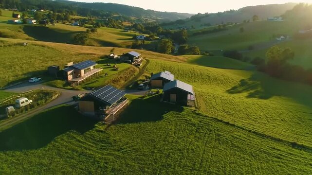 Aerial shot of off-grid solar houses in a rural area