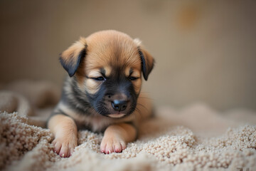 Sleeping Puppy Relaxing on Blanket Small Tan Dog Napping