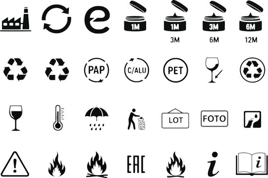 Vector art of vector illustration of a set of product packaging symbols indicating recycling, material composition, and usage instructions