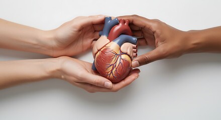Diverse hands of different skin tones holding a human heart model, symbolizing unity in healthcare and organ donation.