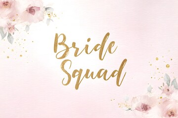 bride squad in elegant gold script font on soft pink watercolor background framed with delicate floral accents and subtle confetti balanced composition with modern chic bridal theme