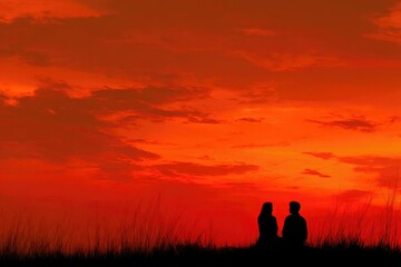 Fototapeta premium Silhouette of a Couple under Fiery Sunset Sky